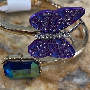 NWT Betsey Johnson Butterfly Crystal Gold Toned Purple Hinged Bracelets NIB